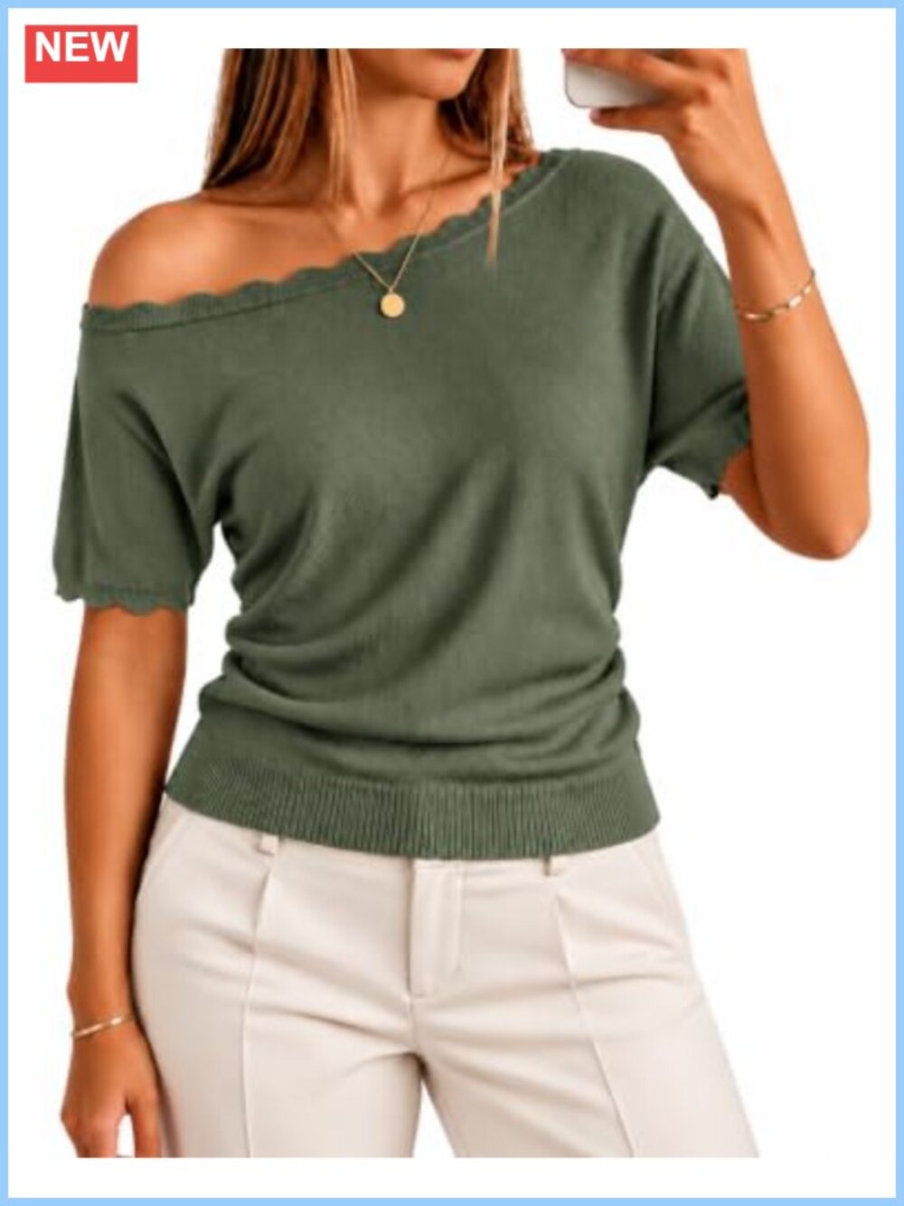 Off Shoulder Short Sleeve Knit Sweater Top Scalloped Ruched Waist